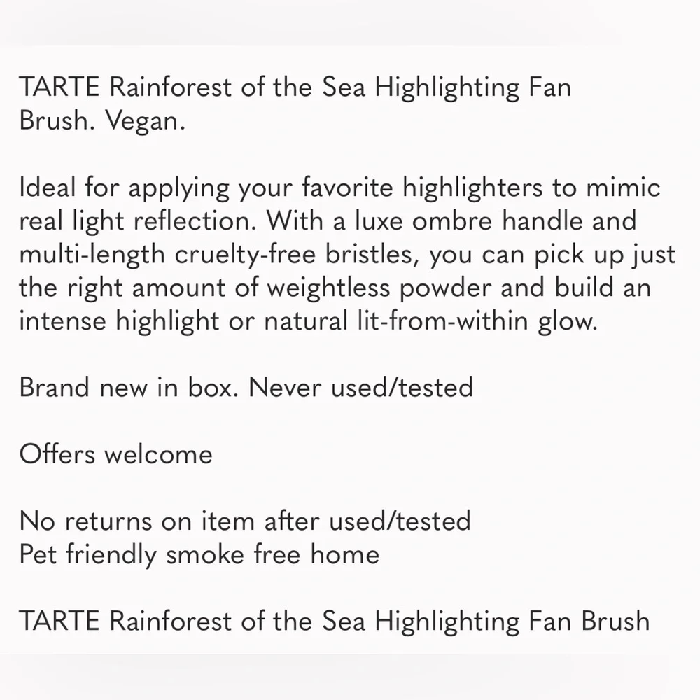 TARTE Rainforest of the Sea Highlighting Fan Brush NWT FULL SZ Vegan